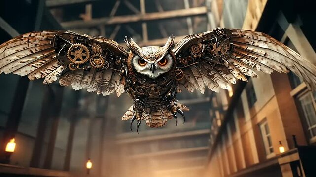 Steampunk owl soaring through an industrial workshop with gears and machinery in the background