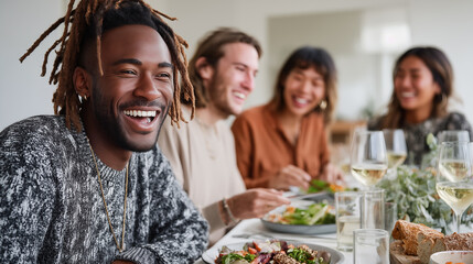 Portrait of happy man sitting at table with friends in background at home