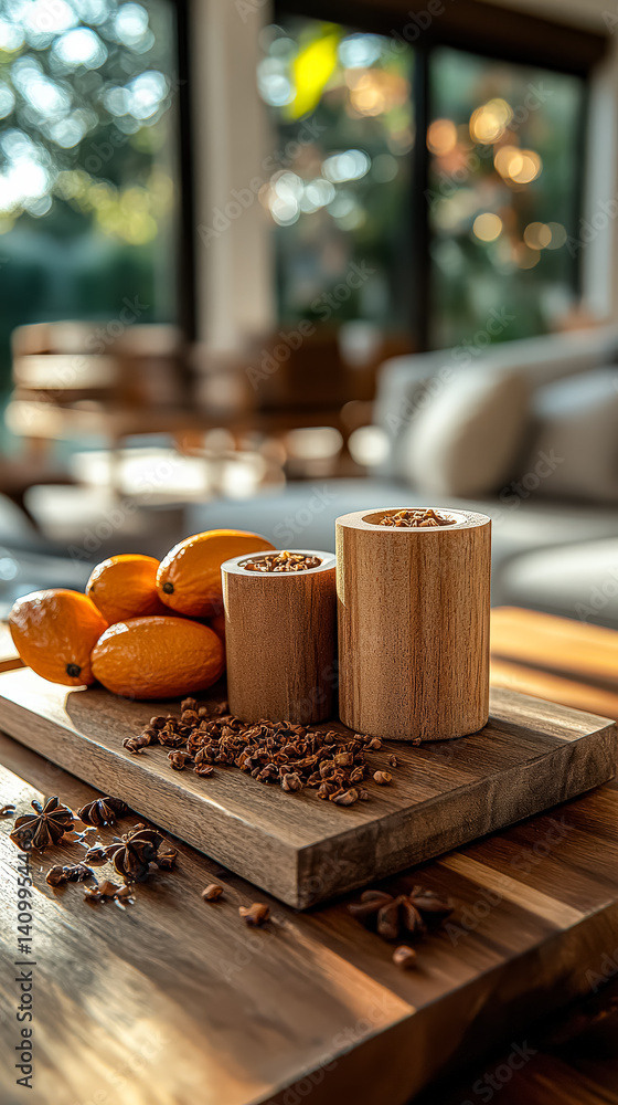 Poster wooden cutting board with a few spices and oranges on it. the spices are in small containers and the
