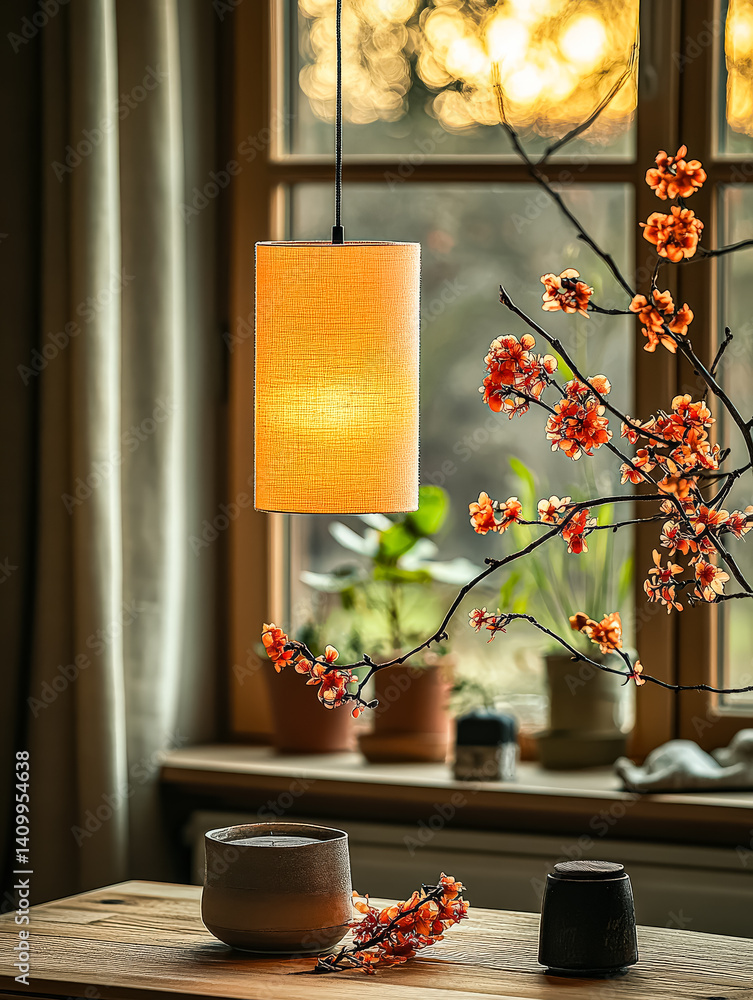 Poster lamp hanging from a window with a tree branch in front of it. the lamp is white and the tree branch 