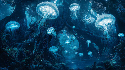 undersea forest bathed in blue light, where jellyfish drift through glowing vines that twist around massive coral spires 