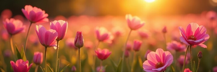 Fototapeta premium Pink flower field bathed in golden sunlight, petals glowing , romantic, macro, nature photography