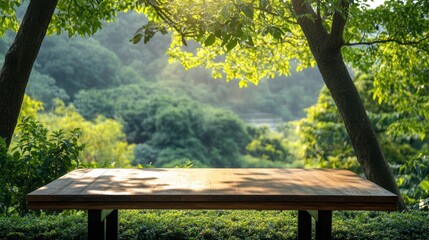 Naklejka premium A serene wooden table sits surrounded by lush green foliage, offering a peaceful outdoor space in nature. Perfect for relaxation and contemplation.
