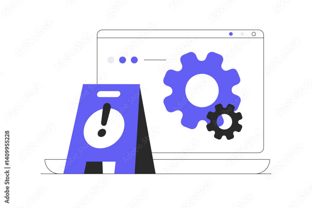 Poster system update improvement change new version, installing update process. flat cartoon vector illustr