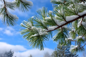 Snow clinging to pine needles icy blue sky behind