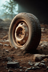 Weathered tire abandoned in a desolate landscape, symbolizing neglect and decay.