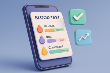 Mobile Blood Test Results: A smartphone displays blood test results, indicating glucose and cholesterol levels as normal and iron as low.