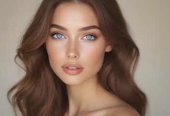 Naklejka premium a close-up portrait of a beautiful woman with striking blue eyes and flowing auburn hair, showcasing subtle makeup and a serene expression.