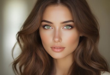 Fototapeta premium a close-up portrait of a beautiful woman with flowing brown hair and striking green eyes, showcasing soft makeup and a gentle expression.
