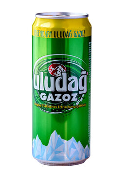 Can of sweet carbonated drink Uludag Gazoz isolated with path on white background.