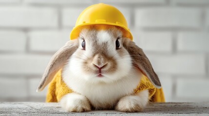 Cool Builder Bunny in Hard Hat: Generative AI Construction Concept with Industrial Brick Wall & Copy Space