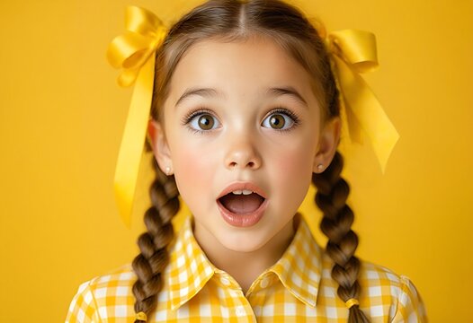 a surprised little girl with pigtails and yellow ribbons stares wide-eyed at the camera against a bright yellow background.
