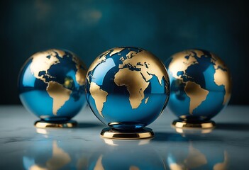 three golden and blue globes stand prominently on a reflective surface against a dark teal background, symbolizing global connections and prosperity.