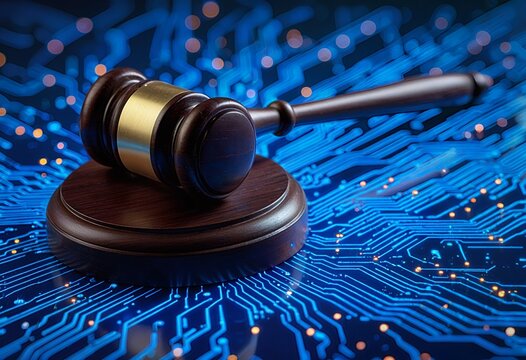 a dark wooden gavel rests on a sound block against a vibrant blue digital circuit board background, symbolizing the intersection of law and technology.
