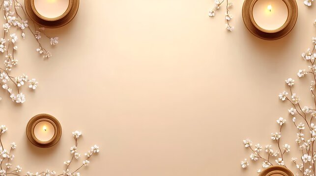 Lit Candles and Delicate White Blossoms Frame Beige Background