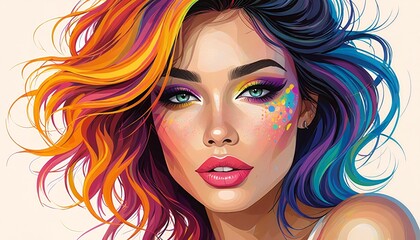 Obraz premium a vibrant digital painting of a woman with strikingly colorful hair and captivating eyes, adorned with playful paint splatters near her temple.