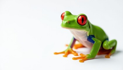 Obraz premium Single red-eyed tree frog on pure white backdrop, wildlife, red-eyed, closeup