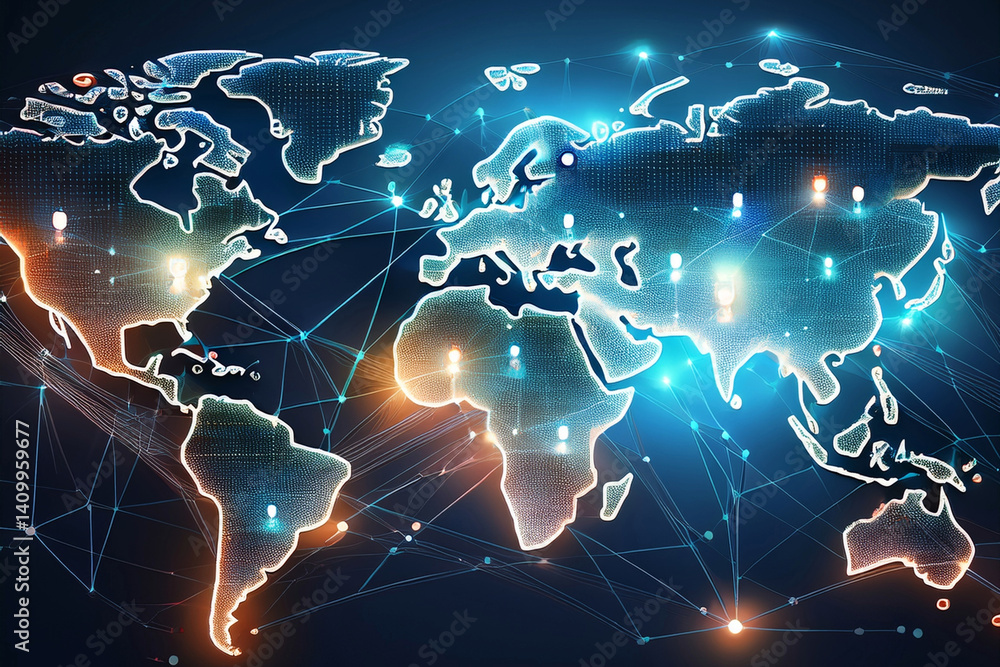 Wall mural digital world map with data points and connecting lines. abstract background with grid and network p