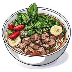 Flavorsome Asian Beef Noodle Soup with Fresh Herbs and Lime - Culinary Illustration and Macro Photography