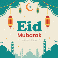 Eid al Adha Mubarak Mubarak with moon mosque and lanterns

