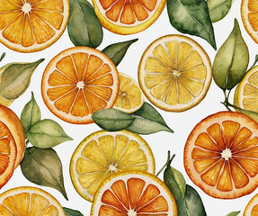 Fresh watercolor pattern seamless orange and lemon slices on pure white background
