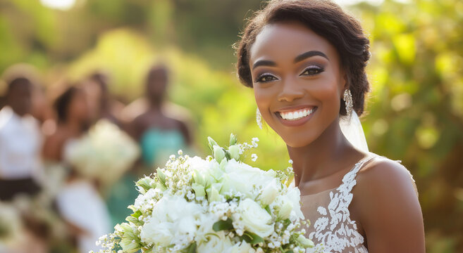 Noiva segurando um buqu&ecirc; de flores brancas e sorrindo alegremente para a c&acirc;mera durante a cerim&ocirc;nia de casamento ao ar livre.