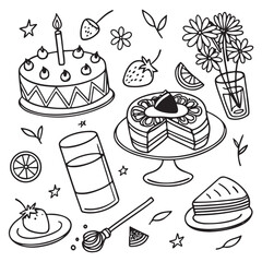 Hand drawn food, candles, drinks and decor doodles vector illustration