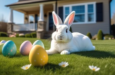 happy Easter. A rabbit is sitting on the green grass next to the house. Colorful eggs are lying nearby. An atmospheric, beautiful, stylish postcard. Holiday. Blue sky