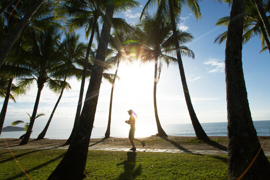 silhouette of woman running and palm trees, waterfront at Palm Cove