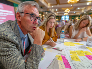 Focused professionals engaging in discussions at a workshop, emphasizing collaboration.