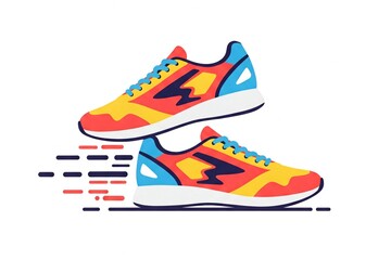 Flat illustration style product design of Colorful running shoes with speed lines