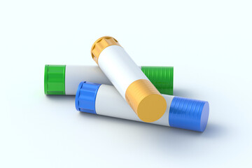 Heap of glue sticks on light gray background. School equipment. Office supplies. Accessories for handcraft. 3d render