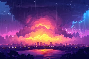 Vibrant Digital Art of Futuristic City Skyline at Sunset with Storm Clouds and Lightning Reflection on Serene Water