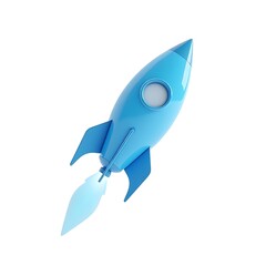 Fototapeta premium Blue Rocket Icon 3D Model Startup Launch White Background