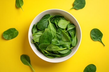 Obraz premium Yellow Background Baby Spinach White Bowl Flat Lay Text Space Design 