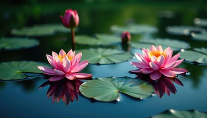 Water lilies form a striking floral pattern on a still lake surface, yellow, photography