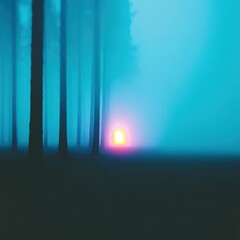 Fototapeta premium Moody landscape of pine forest during sunset, orange glow and mist