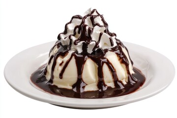 Ice cream dessert with chocolate sauce and whipped cream on a white plate.