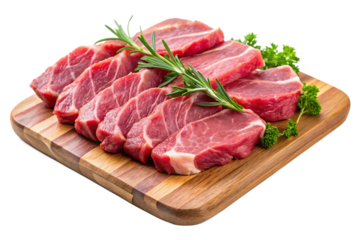 raw sliced meat on wooden cutting board isolated on white background PNG.AI GENERATED