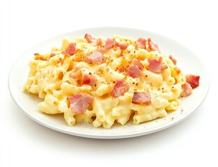 Pasta dish with creamy sauce and bacon pieces on a white plate.