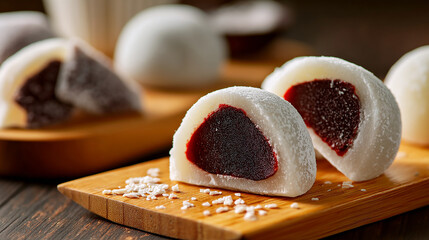 Japanese daifuku mochi with red bean center sliced