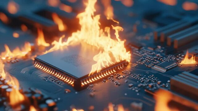 A close-up view of a computer chip surrounded by flames, illustrating the dangers of overheating electronic components.