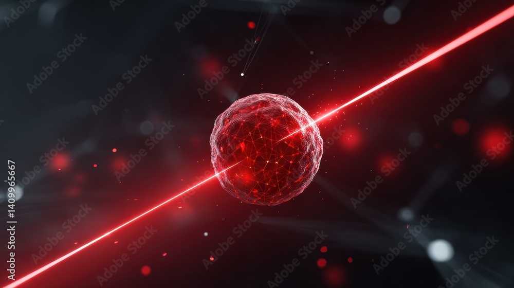 Poster a glowing, red sphere with a web-like structure surrounded by light beams and particles, representin