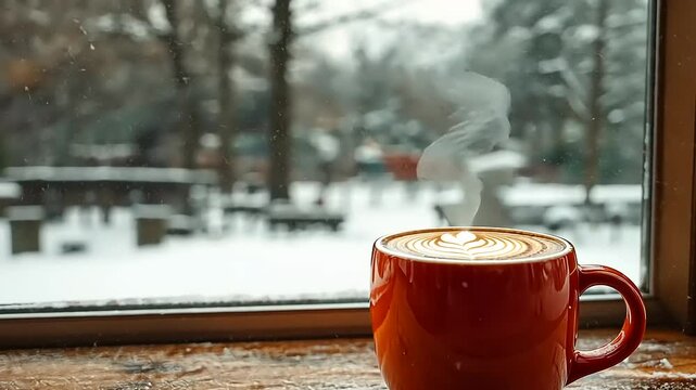 Cozy winter scene featuring a steaming cup of coffee on a wooden table by a snowy window