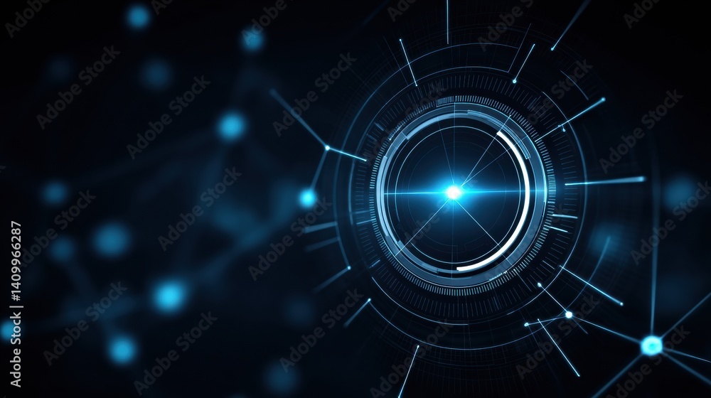 Poster a futuristic design featuring a central glowing circle with radiating lines and dots, creating a hig