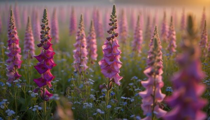 Obraz premium Lush field of foxgloves and forget-me-nots bathed in soft golden light, tranquil scene.