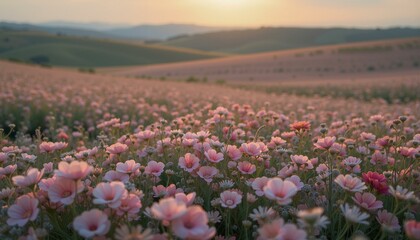 Fototapeta premium Fields of blush pink, apricot, lavender sweet peas sway under a soft, warm afternoon sun.
