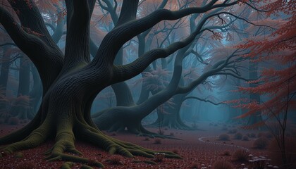 Naklejka premium Ancient ironwood trees intertwine in a twilight forest, moss, lichen, mushrooms, and colorful leaves abound.