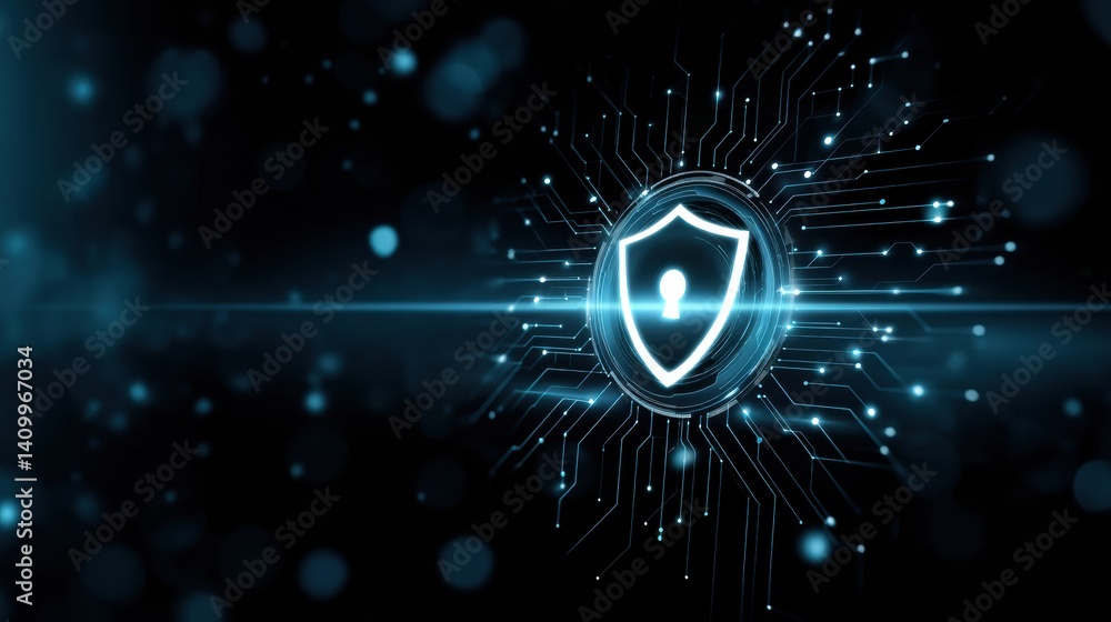 Poster a digital shield symbolizing cybersecurity, surrounded by abstract lines and glowing elements, repre
