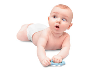 Surprised five month old baby lying on stomach looking around isolated on white background